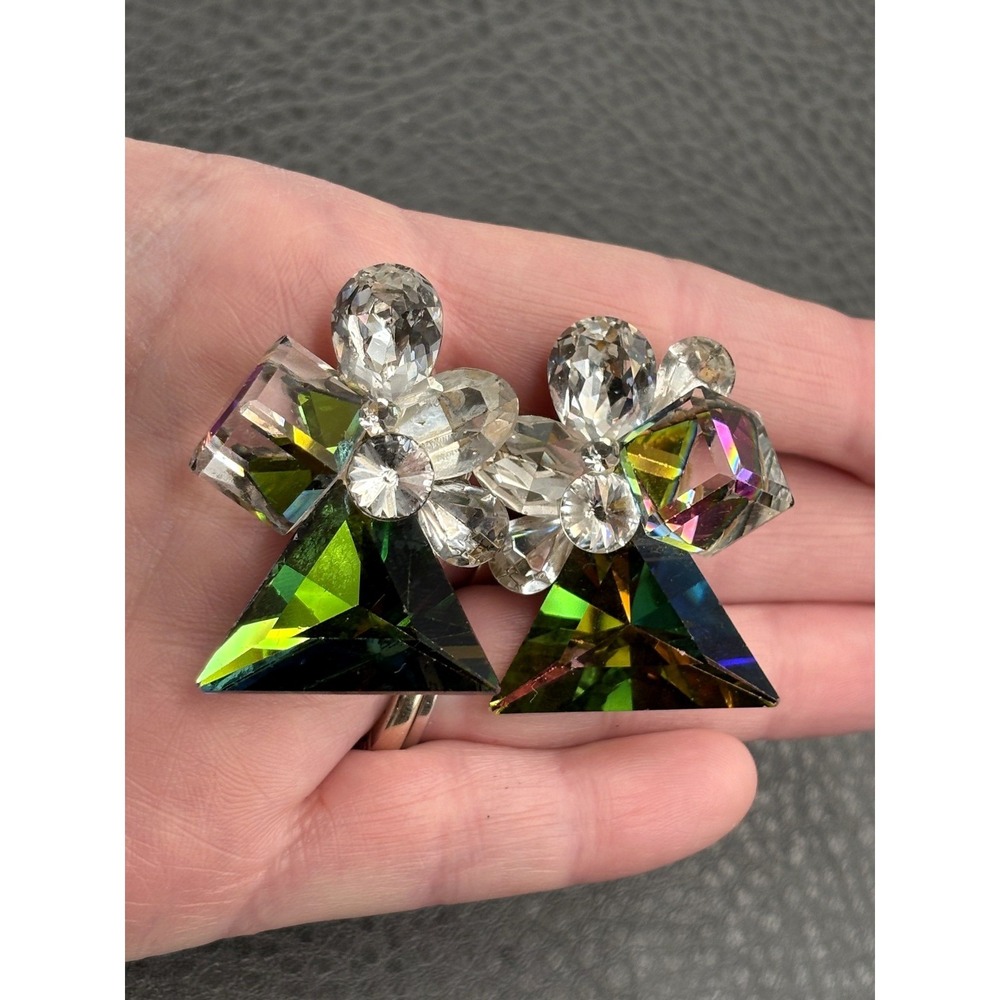 Vintage Signed SB 80s Vitrail Crystal Cluster Earrings Rainbow Prism Cube Runway